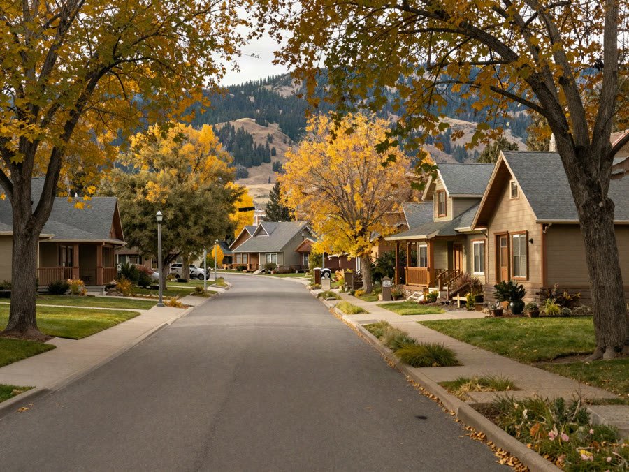 A quiet paved neighborhood street under mature trees in fall color