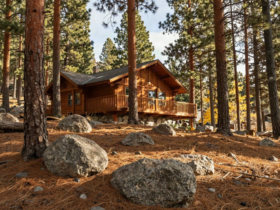 A timber home tucked among tall ponderosa pines