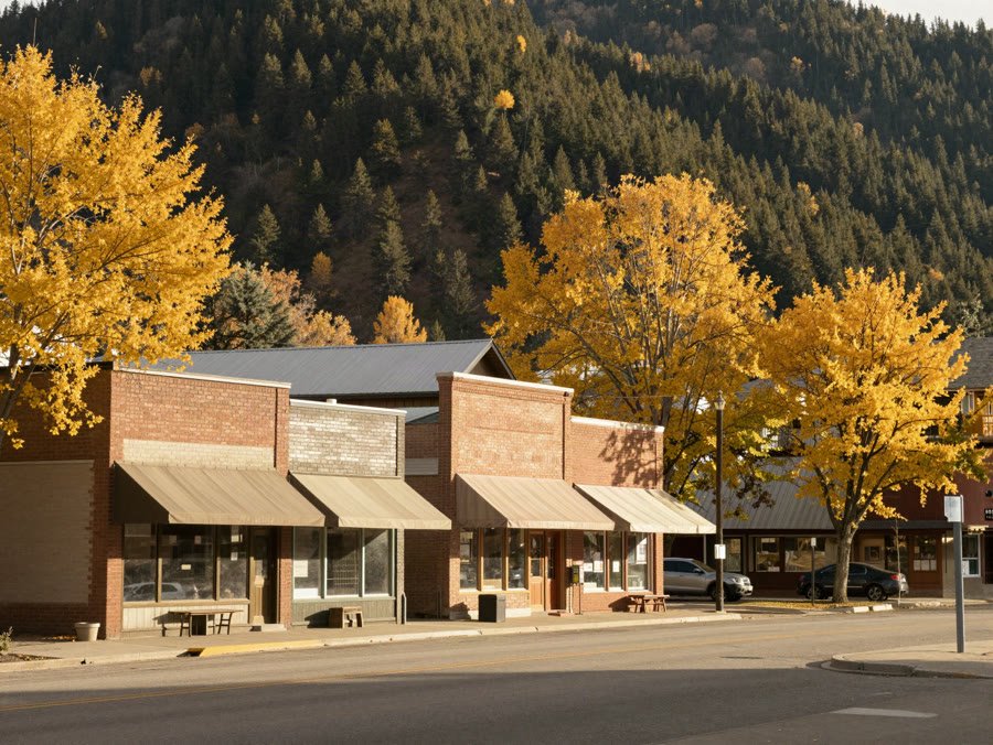 Brick storefronts on a small mountain town street with a forested hill behind
