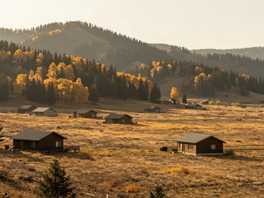 Cabins spread across an open autumn meadow with a forested ridge behind